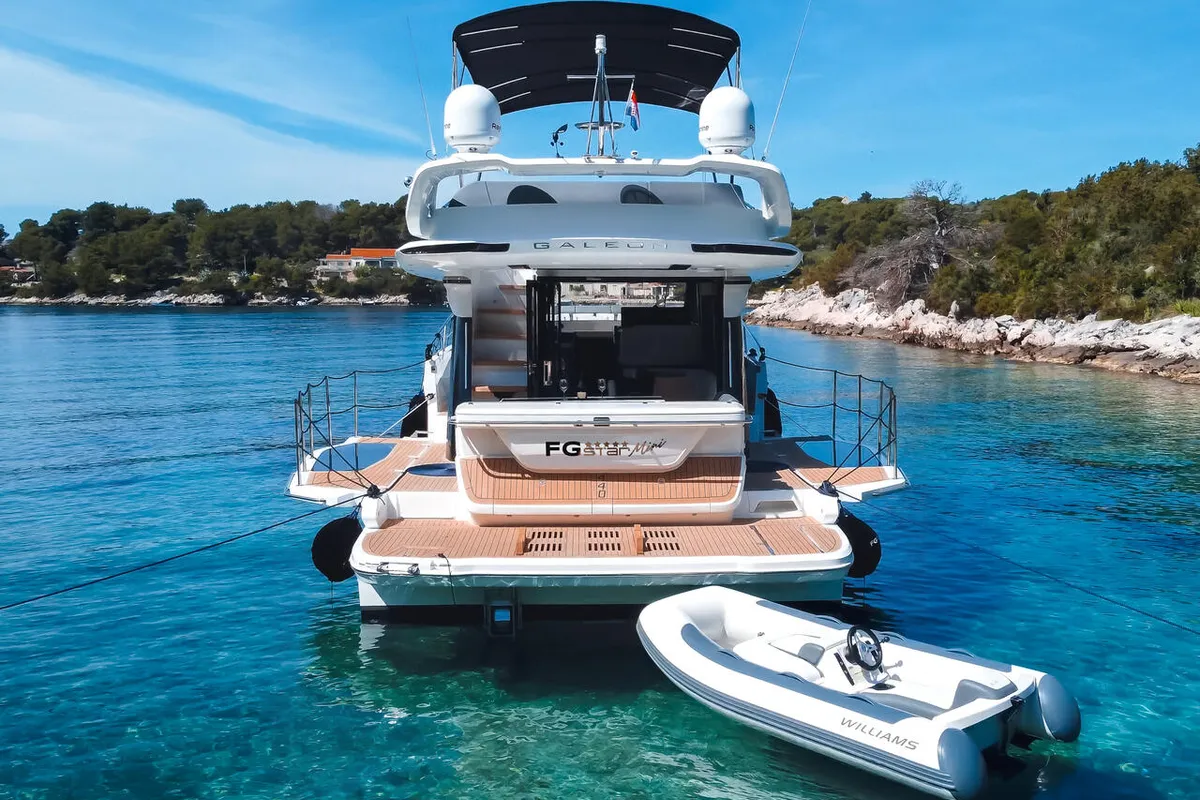 Exterior view of FGStar Mini, a Galeon 440 Fly (Diesel) motor yacht at Seget Donji, Croatia