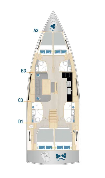 Floor plan of Nami, a Hanse 460 sailboat at Trogir, Croatia