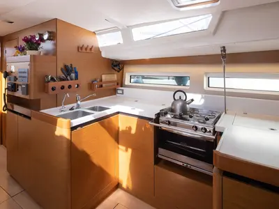 Galley of Maria, a Jeanneau Sun Odyssey 490 sailboat at Municipal Unit of Lefkada, Greece