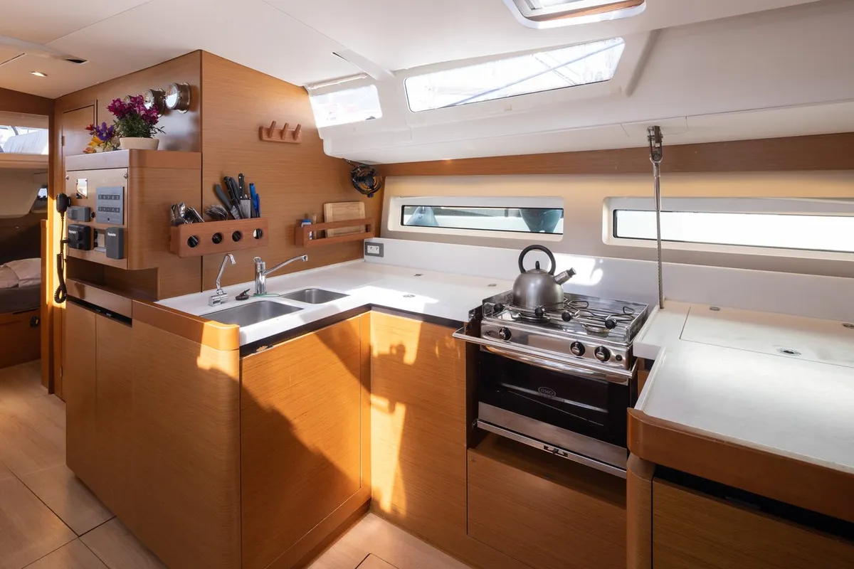 Galley of Maria, a Jeanneau Sun Odyssey 490 sailboat at Municipal Unit of Lefkada, Greece