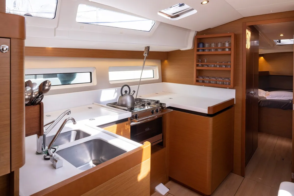 Galley of Maria, a Jeanneau Sun Odyssey 490 sailboat at Municipal Unit of Lefkada, Greece
