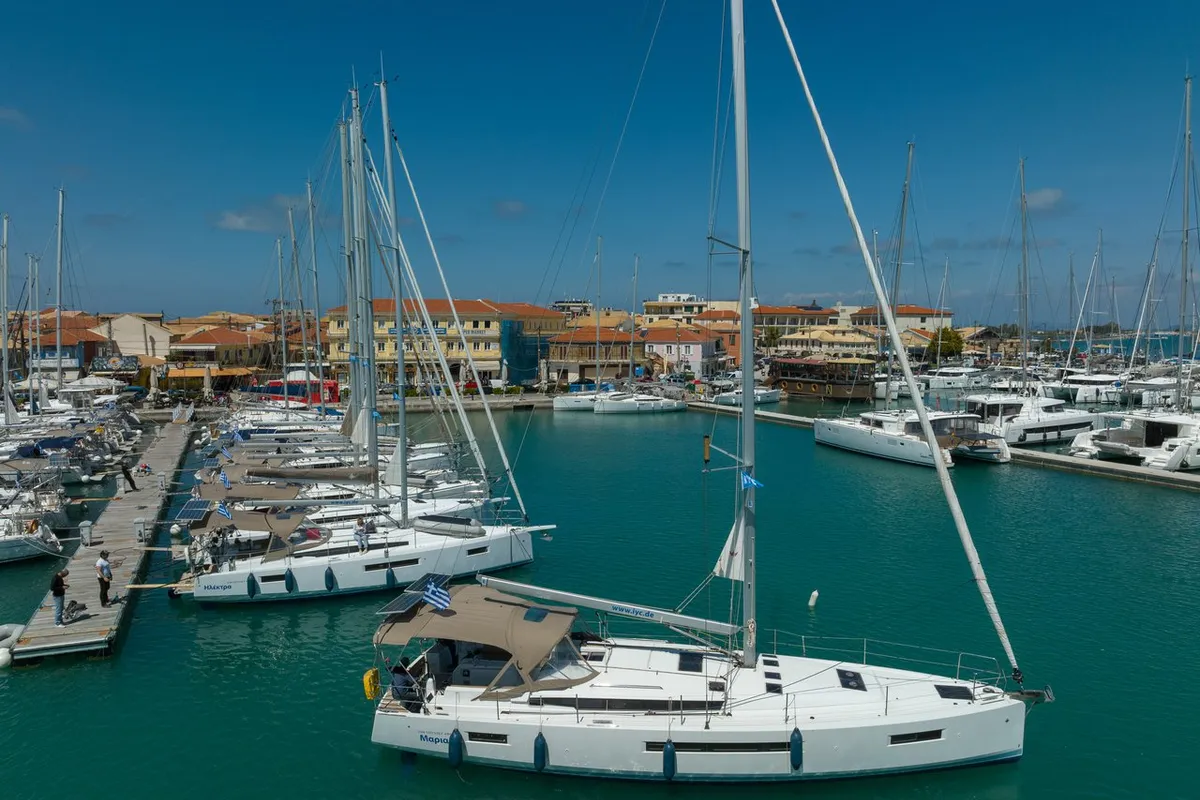 Exterior view of Maria, a Jeanneau Sun Odyssey 490 sailboat at Municipal Unit of Lefkada, Greece