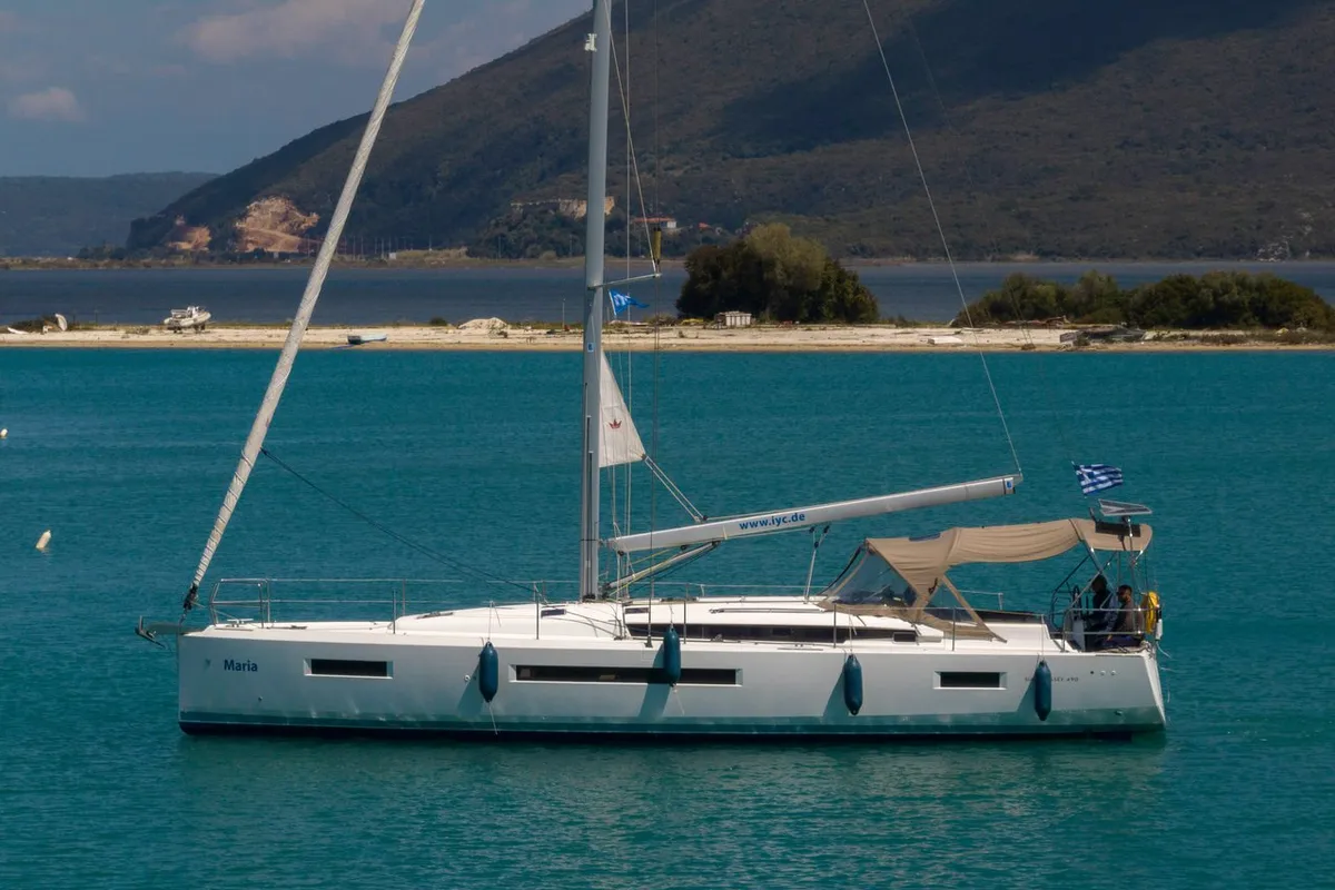 Exterior view of Maria, a Jeanneau Sun Odyssey 490 sailboat at Municipal Unit of Lefkada, Greece