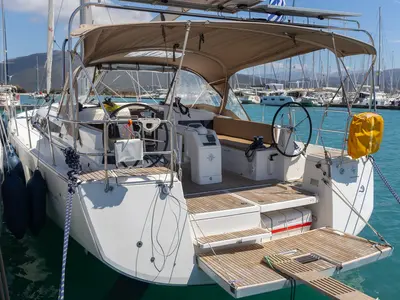 Cockpit of Maria, a Jeanneau Sun Odyssey 490 sailboat at Municipal Unit of Lefkada, Greece