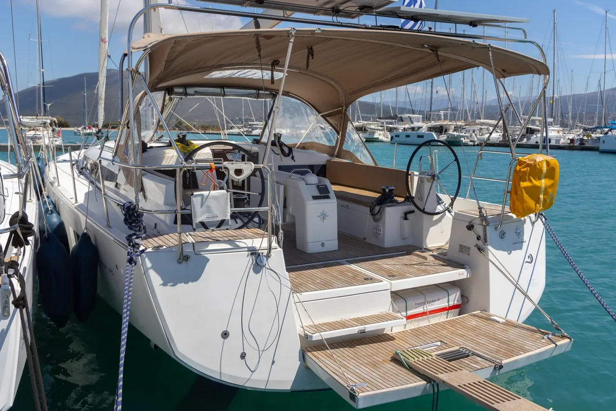 Cockpit of Maria, a Jeanneau Sun Odyssey 490 sailboat at Municipal Unit of Lefkada, Greece