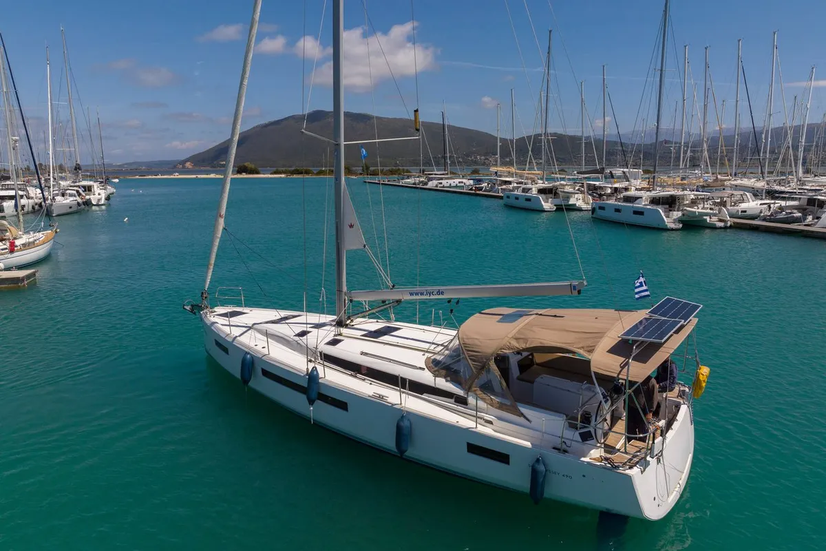 Exterior view of Maria, a Jeanneau Sun Odyssey 490 sailboat at Municipal Unit of Lefkada, Greece