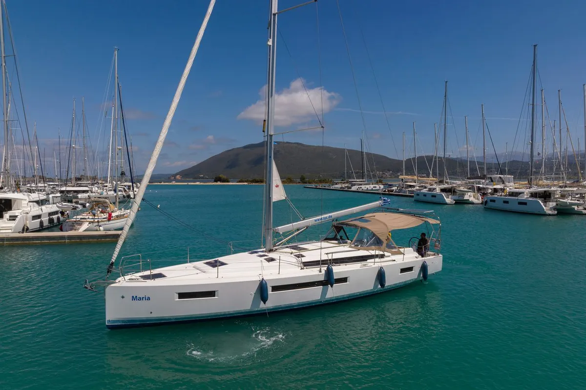 Exterior view of Maria, a Jeanneau Sun Odyssey 490 sailboat at Municipal Unit of Lefkada, Greece