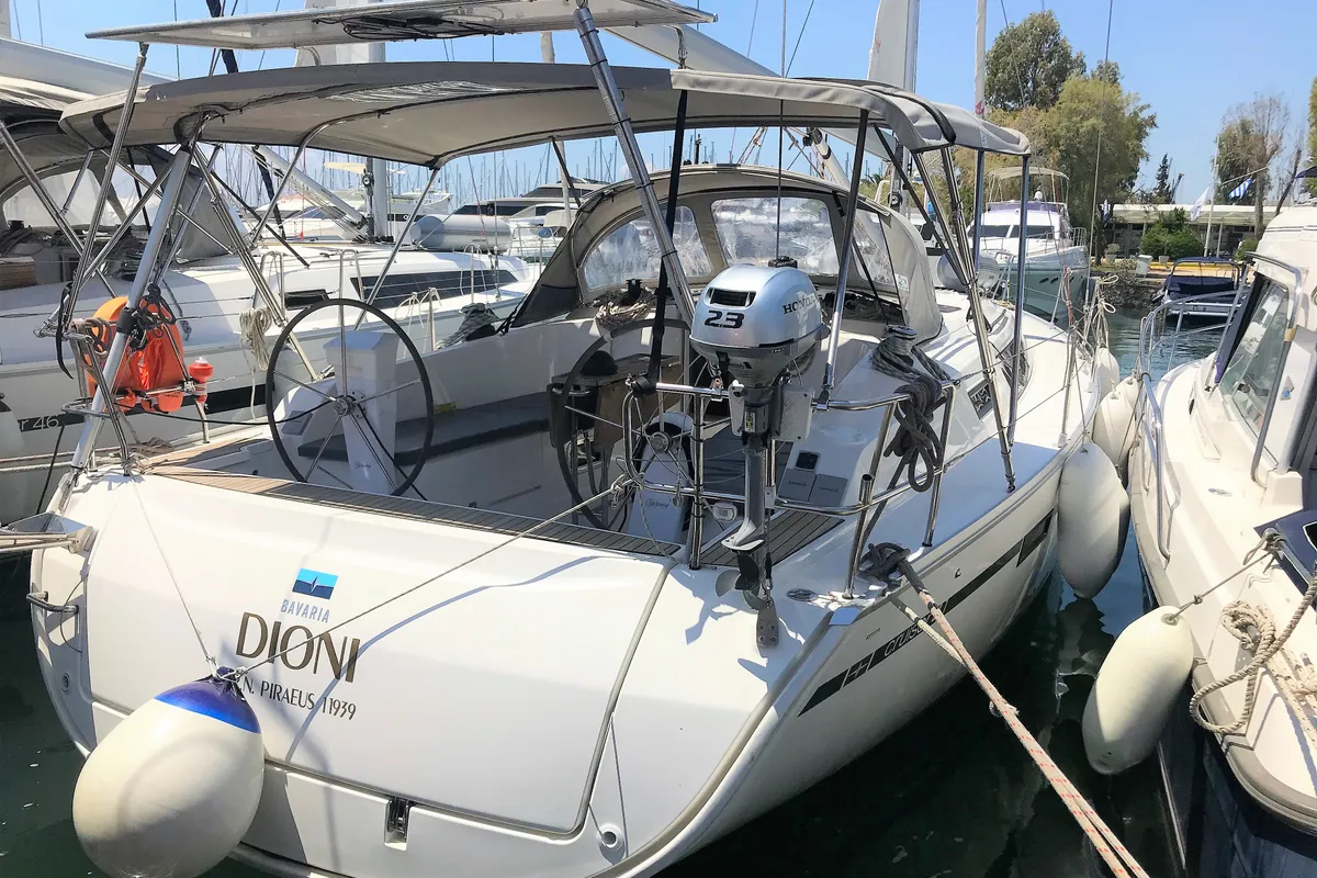 Exterior view of Dioni, a Bavaria Cruiser 41 sailboat at Athens, Greece