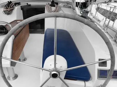 Cockpit of Dioni, a Bavaria Cruiser 41 sailboat at Athens, Greece