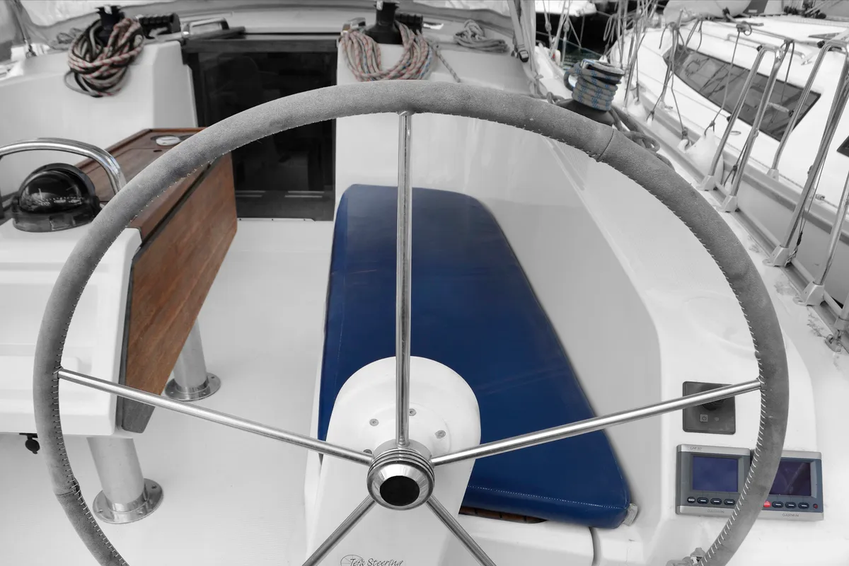 Cockpit of Dioni, a Bavaria Cruiser 41 sailboat at Athens, Greece