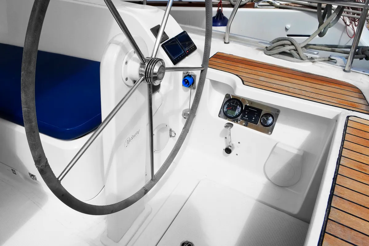 Cockpit of Dioni, a Bavaria Cruiser 41 sailboat at Athens, Greece