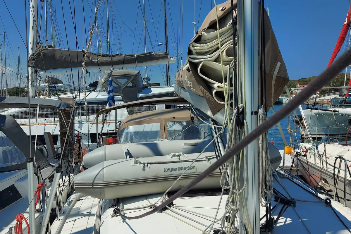 Deck of Evelina, a Jeanneau Sun Odyssey 410 sailboat at Lavrion, Greece