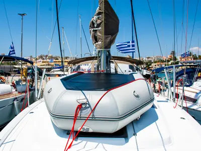 Deck of Evelina, a Jeanneau Sun Odyssey 410 sailboat at Lavrion, Greece
