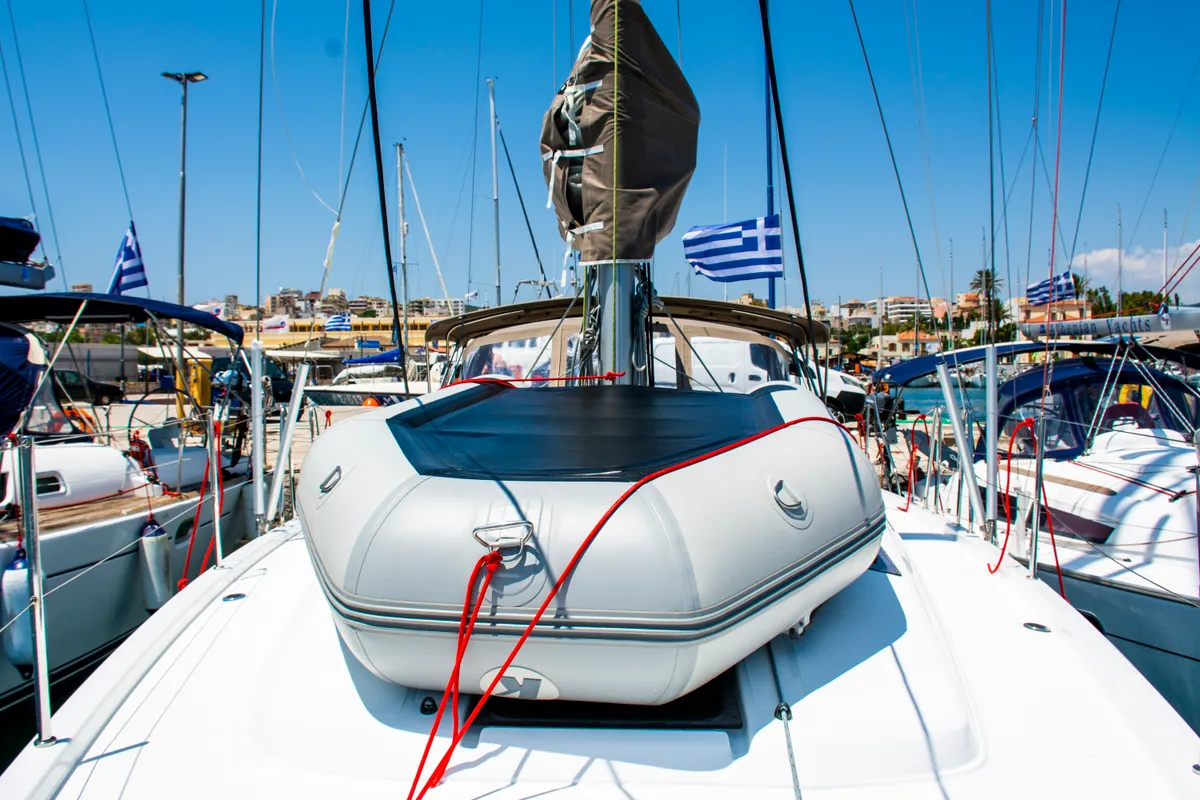 Deck of Evelina, a Jeanneau Sun Odyssey 410 sailboat at Lavrion, Greece
