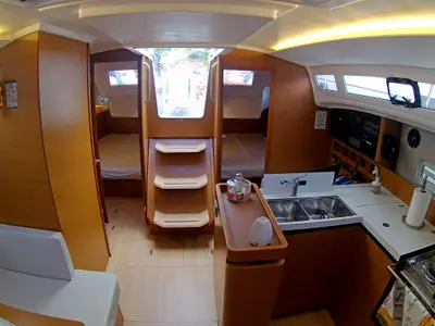 Galley of Evelina, a Jeanneau Sun Odyssey 410 sailboat at Lavrion, Greece