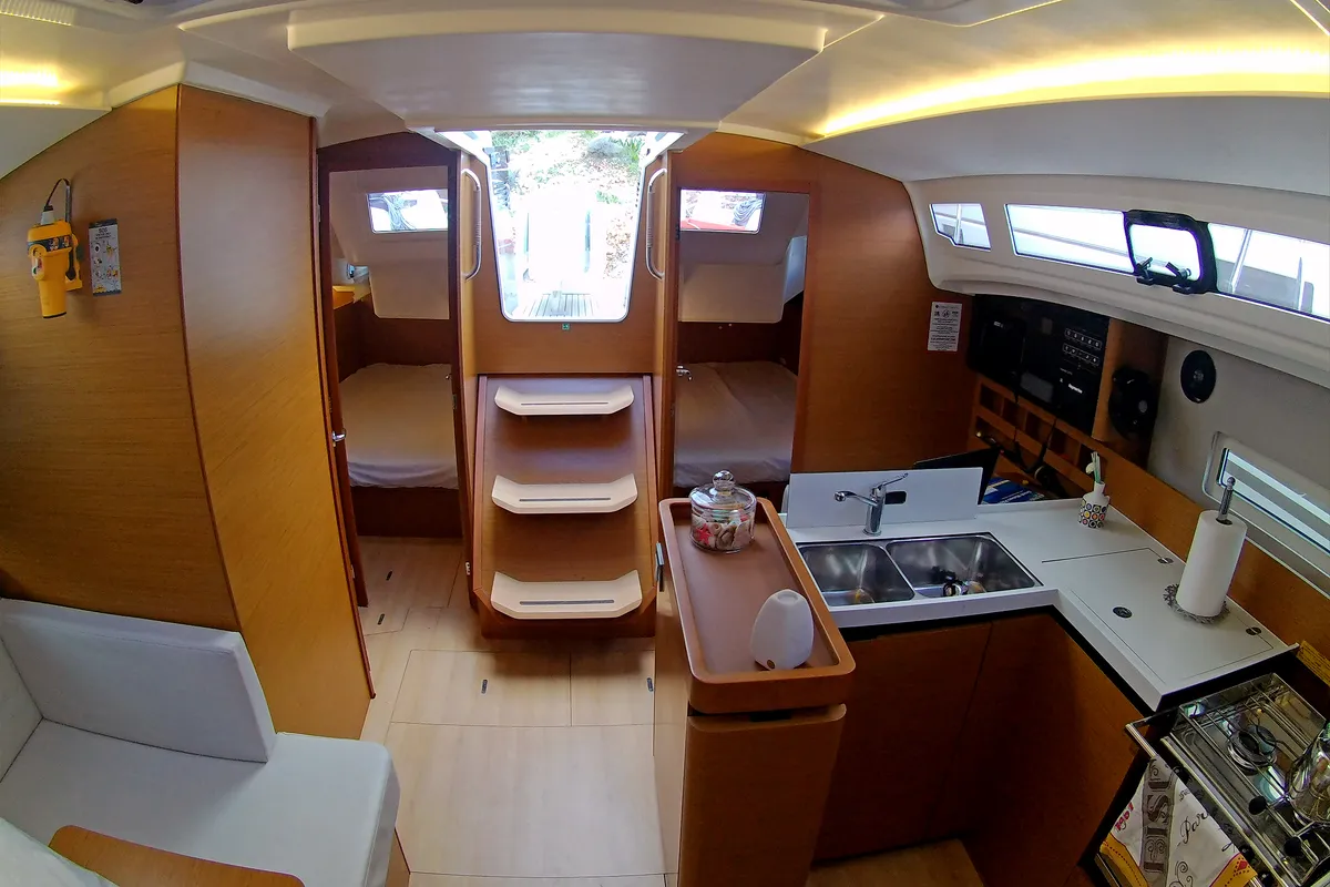 Galley of Evelina, a Jeanneau Sun Odyssey 410 sailboat at Lavrion, Greece