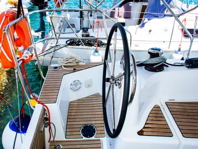 Cockpit of Evelina, a Jeanneau Sun Odyssey 410 sailboat at Lavrion, Greece