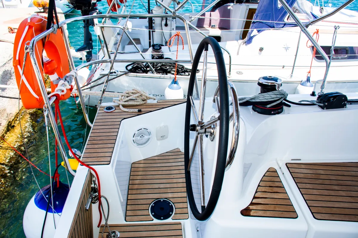 Cockpit of Evelina, a Jeanneau Sun Odyssey 410 sailboat at Lavrion, Greece