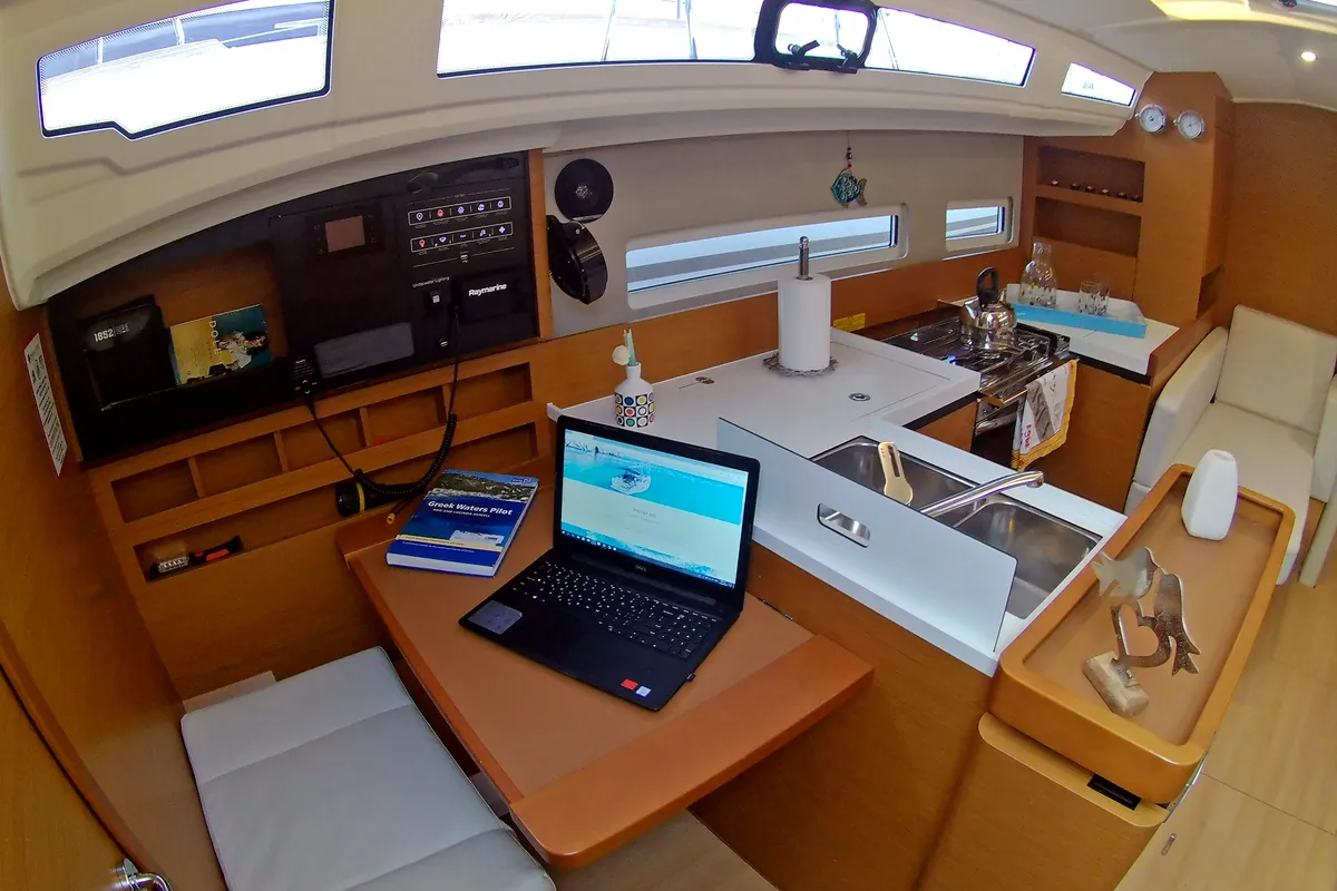 Galley of Evelina, a Jeanneau Sun Odyssey 410 sailboat at Lavrion, Greece