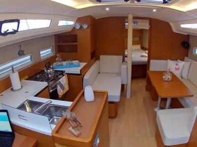 Salon of Evelina, a Jeanneau Sun Odyssey 410 sailboat at Lavrion, Greece