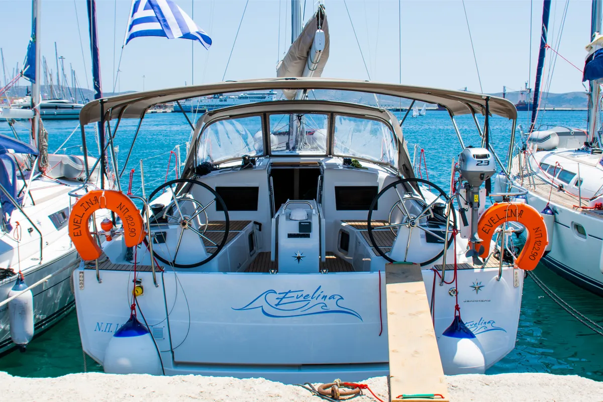 Exterior view of Evelina, a Jeanneau Sun Odyssey 410 sailboat at Lavrion, Greece