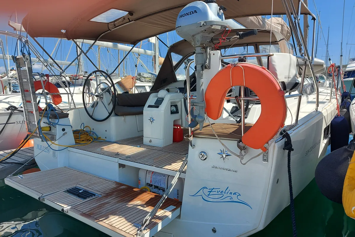 Exterior view of Evelina, a Jeanneau Sun Odyssey 410 sailboat at Lavrion, Greece
