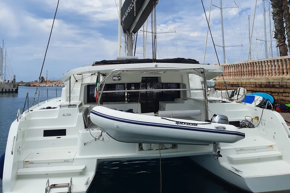 Exterior view of ALBA, a Lagoon 46 catamaran at Tonnarella, Italy