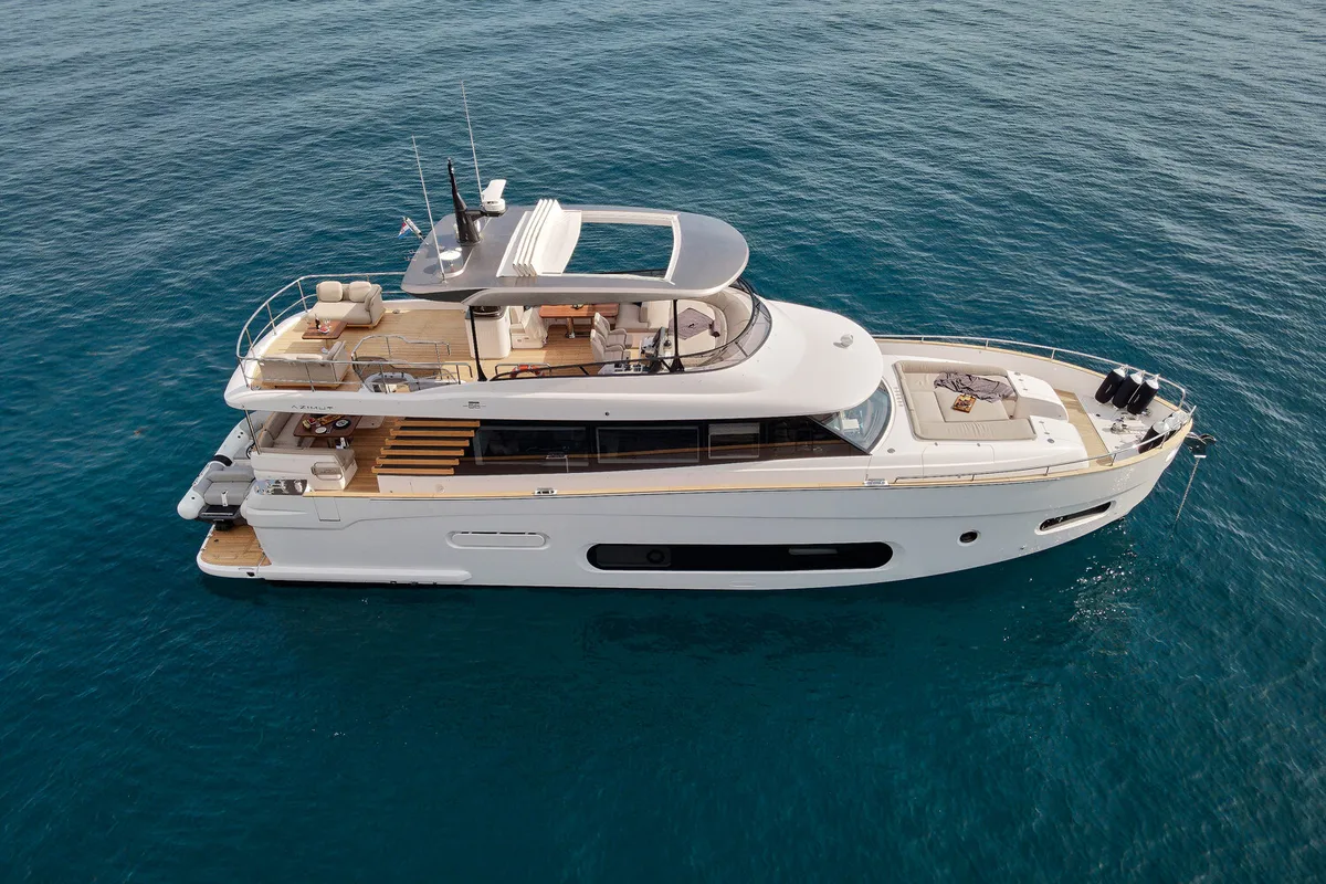 Exterior view of Princess M, a Azimut Magellano 66 motor yacht at Podstrana - Miljevac, Croatia