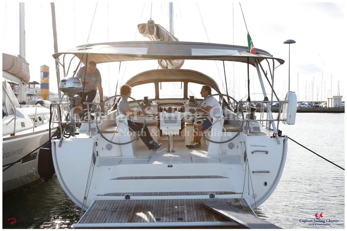 Deck of Mediterranea, a Bavaria Cruiser 51 sailboat at Cagliari, Italy