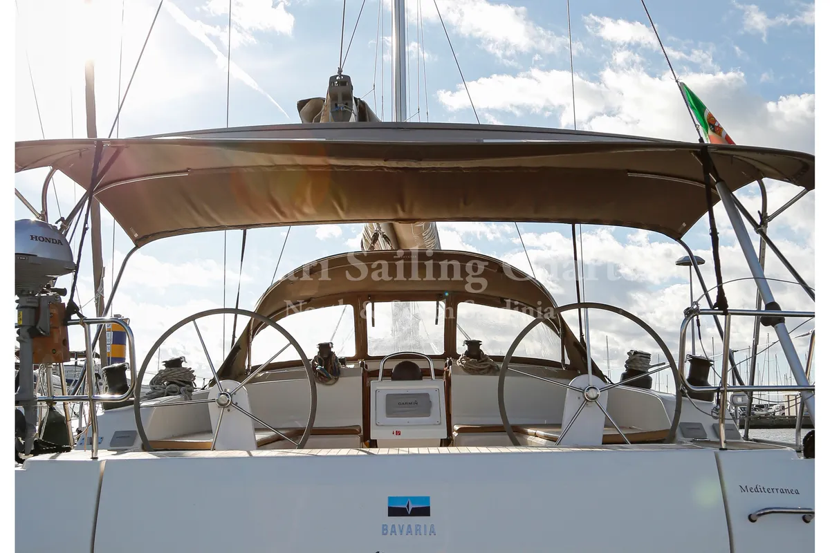 Cockpit of Mediterranea, a Bavaria Cruiser 51 sailboat at Cagliari, Italy
