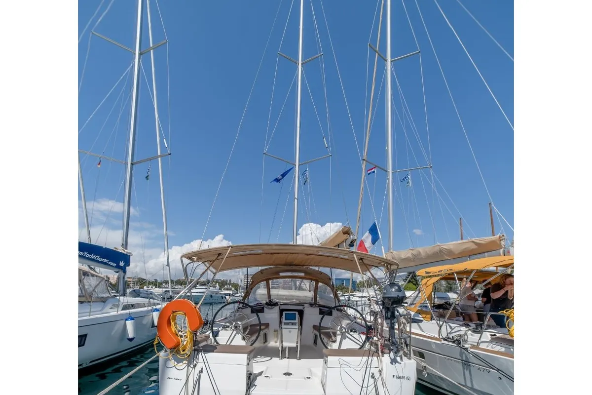 Cockpit of Sicily, a Jeanneau Sun Odyssey 449 sailboat at Athens, Greece