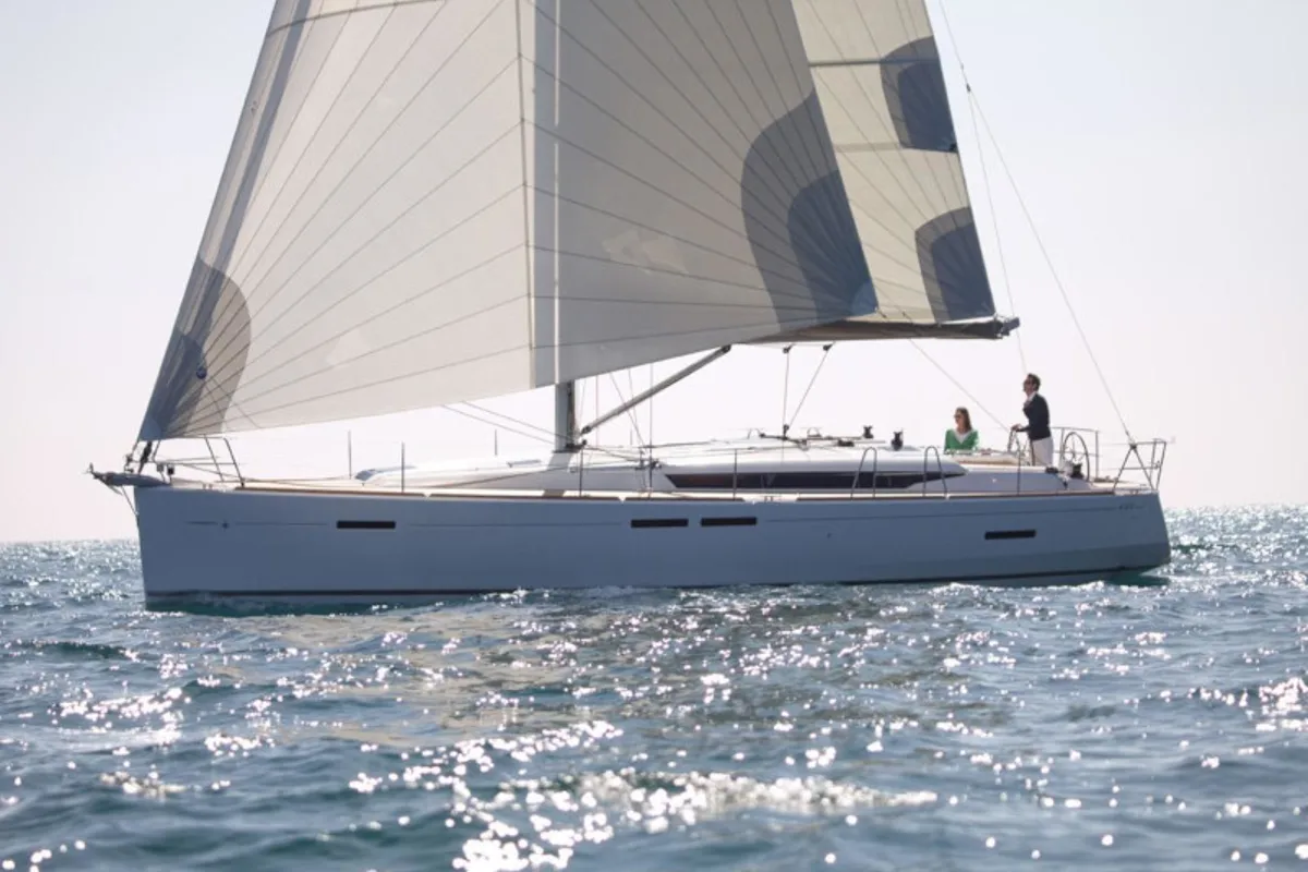 Exterior view of Matar, a Jeanneau Sun Odyssey 449 sailboat at Cagliari, Italy