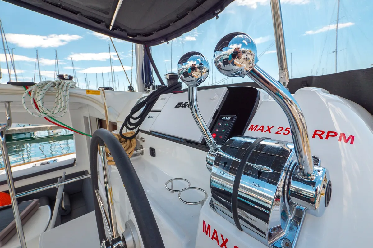 Cockpit of Blue Eyes, a Lagoon 40 catamaran at Split, Croatia