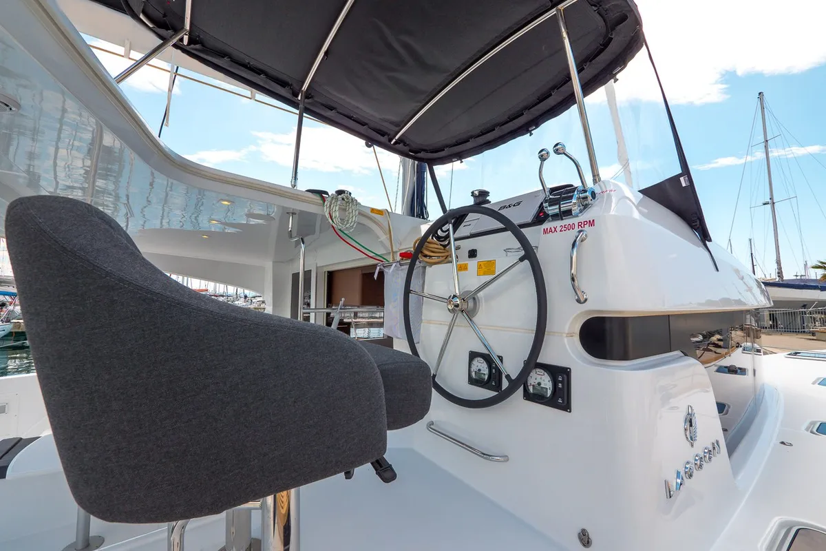 Cockpit of Blue Eyes, a Lagoon 40 catamaran at Split, Croatia