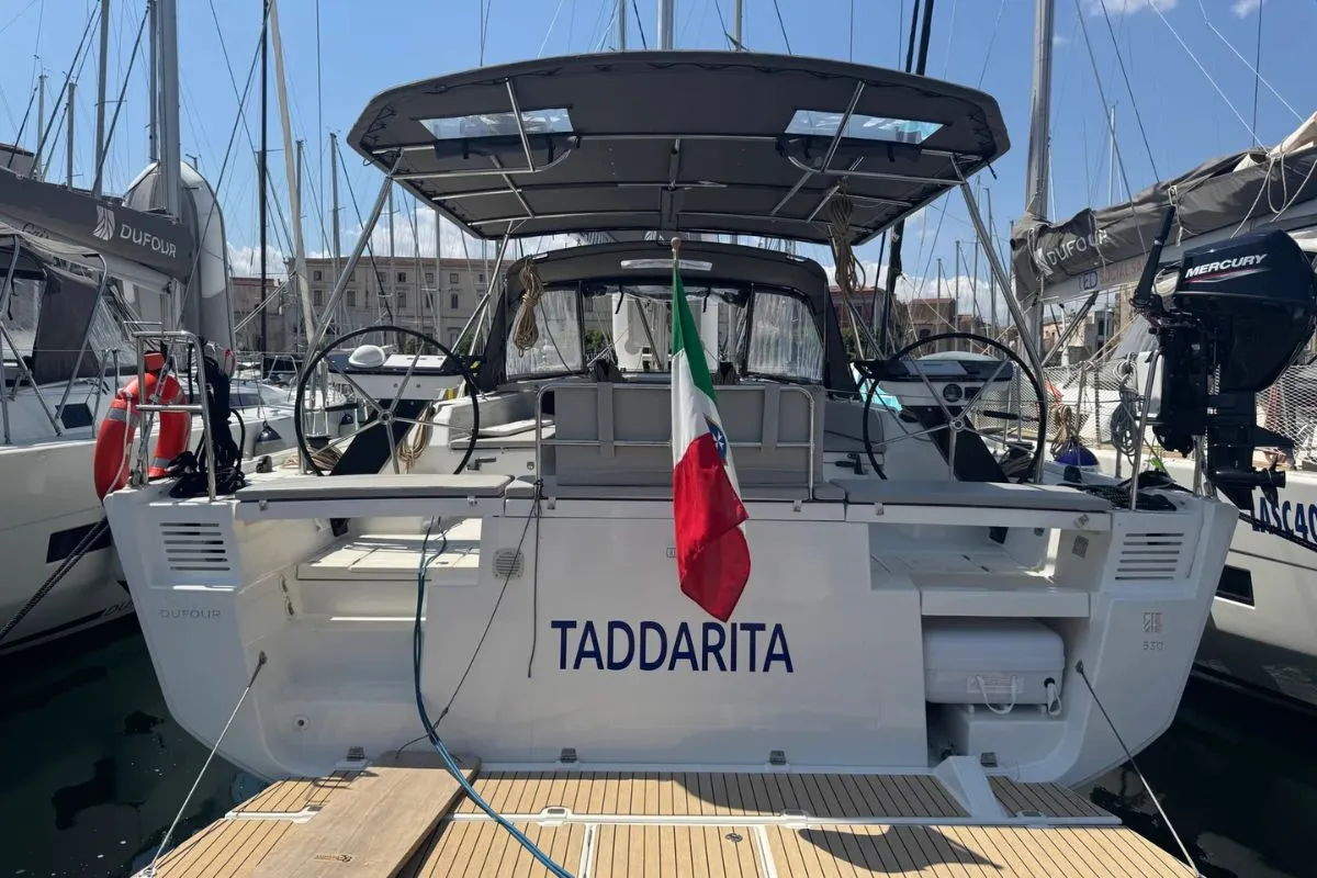 Exterior view of Taddarita, a Dufour 530 sailboat at Palermo, Italy