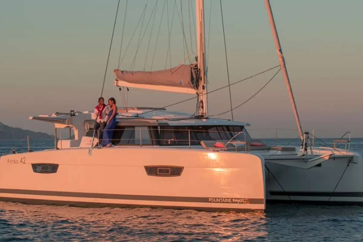 Exterior view of Gabian, a Fountaine Pajot Astréa 42 catamaran at Cogolin, France