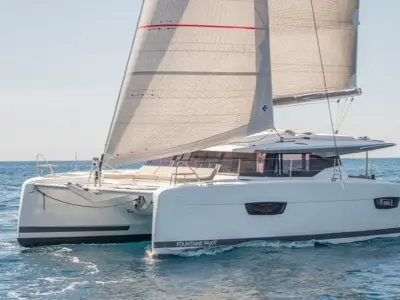 Exterior view of Gabian, a Fountaine Pajot Astréa 42 catamaran at Cogolin, France