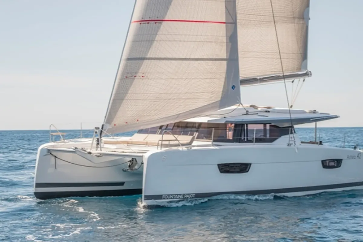 Exterior view of Gabian, a Fountaine Pajot Astréa 42 catamaran at Cogolin, France