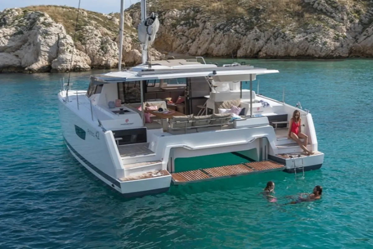 Exterior view of Gabian, a Fountaine Pajot Astréa 42 catamaran at Cogolin, France