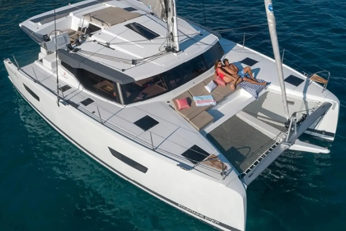 Exterior view of Gabian, a Fountaine Pajot Astréa 42 catamaran at Cogolin, France