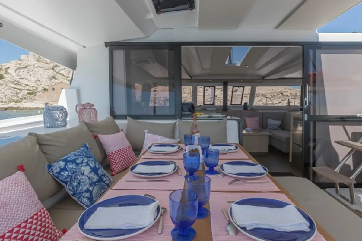 Deck of Gabian, a Fountaine Pajot Astréa 42 catamaran at Cogolin, France