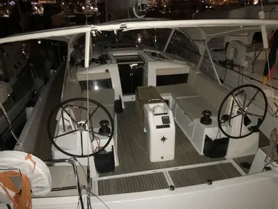 Cockpit of Rebelezza, a Jeanneau Sun Odyssey 440 sailboat at Palma de Mallorca, Spain
