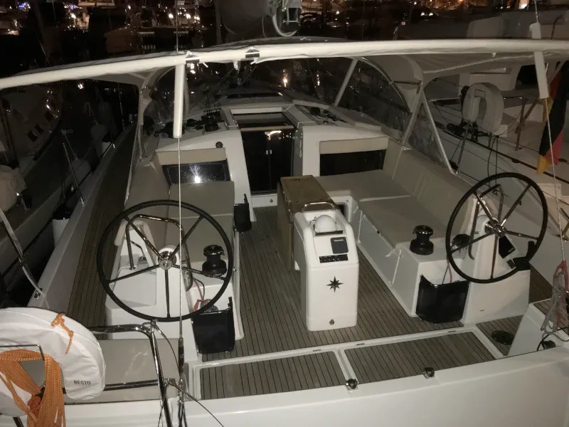 Cockpit of Rebelezza, a Jeanneau Sun Odyssey 440 sailboat at Palma de Mallorca, Spain