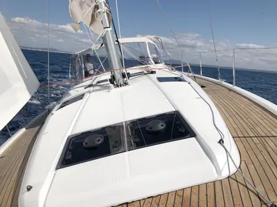 Deck of Rebelezza, a Jeanneau Sun Odyssey 440 sailboat at Palma de Mallorca, Spain