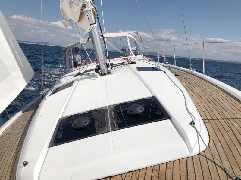 Deck of Rebelezza, a Jeanneau Sun Odyssey 440 sailboat at Palma de Mallorca, Spain