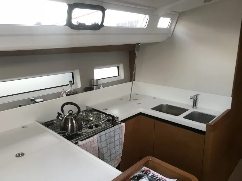 Galley of Rebelezza, a Jeanneau Sun Odyssey 440 sailboat at Palma de Mallorca, Spain