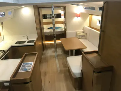 Salon of Rebelezza, a Jeanneau Sun Odyssey 440 sailboat at Palma de Mallorca, Spain