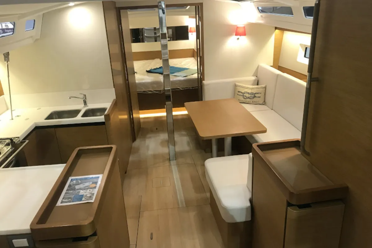 Salon of Rebelezza, a Jeanneau Sun Odyssey 440 sailboat at Palma de Mallorca, Spain