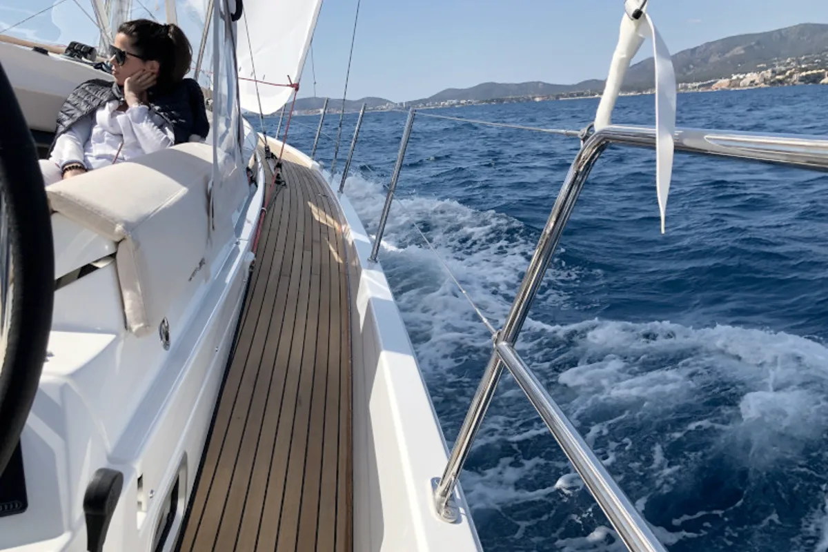 Deck of Rebelezza, a Jeanneau Sun Odyssey 440 sailboat at Palma de Mallorca, Spain