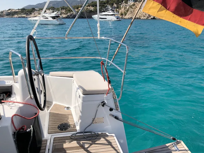 Cockpit of Rebelezza, a Jeanneau Sun Odyssey 440 sailboat at Palma de Mallorca, Spain